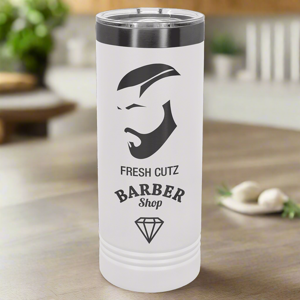 White 22 oz custom laser-etched tumbler featuring the "Fresh Cutz Barber Shop" logo with a bearded man graphic and diamond icon, ideal for customizing tumblers. 