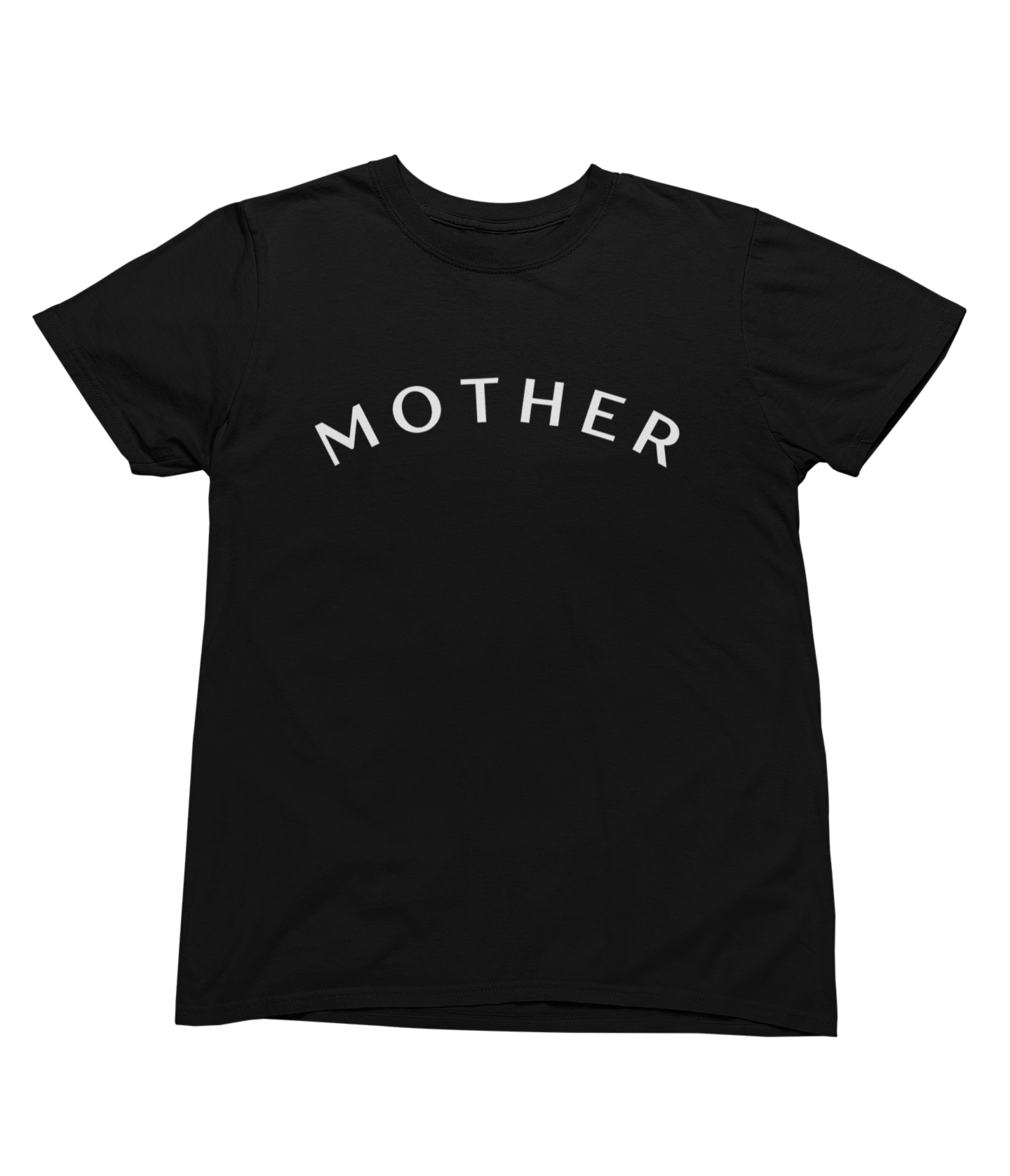 A chic and minimalist black "Mother" Short Sleeve T-Shirt is shown with the word "MOTHER" printed in bold, white, uppercase letters on the front. The text is slightly arched, creating a visually appealing arc across the chest area of this motherhood shirt. It features a standard crew neckline and short sleeves.