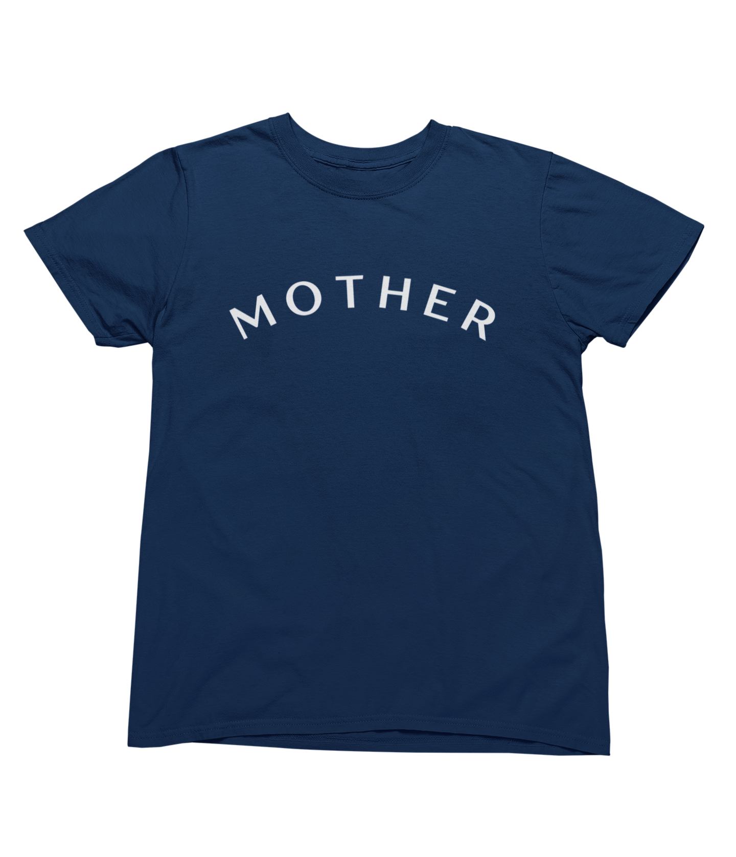 A chic and minimalist navy blue "Mother" Short Sleeve T-Shirt with the word "MOTHER" printed in capital white letters across the chest in a slight arc. This motherhood shirt features short sleeves and a round neckline, displayed on a plain black background.