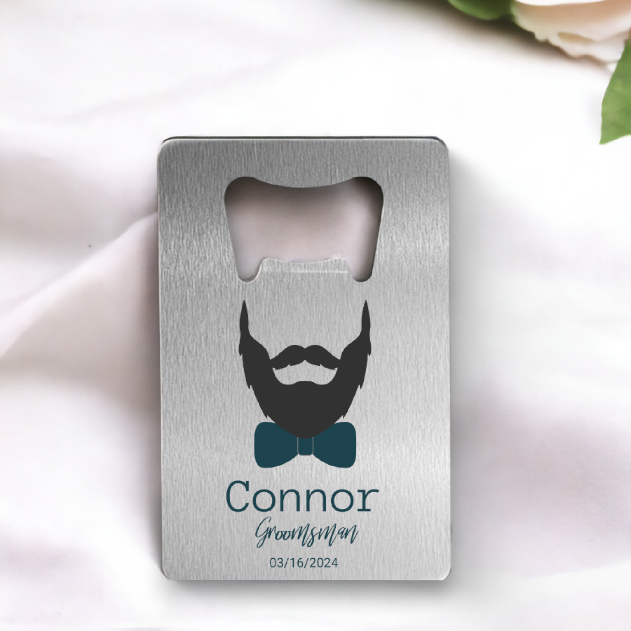 Personalized groomsman bottle opener card featuring a bearded silhouette and bow tie design, perfect for custom wedding party gifts or groomsman favors.