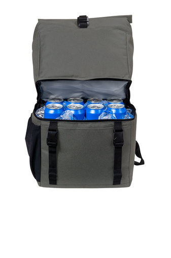 Gray cooler backpack showcasing custom branding with a filled compartment, ideal for corporate and promotional branded merchandise