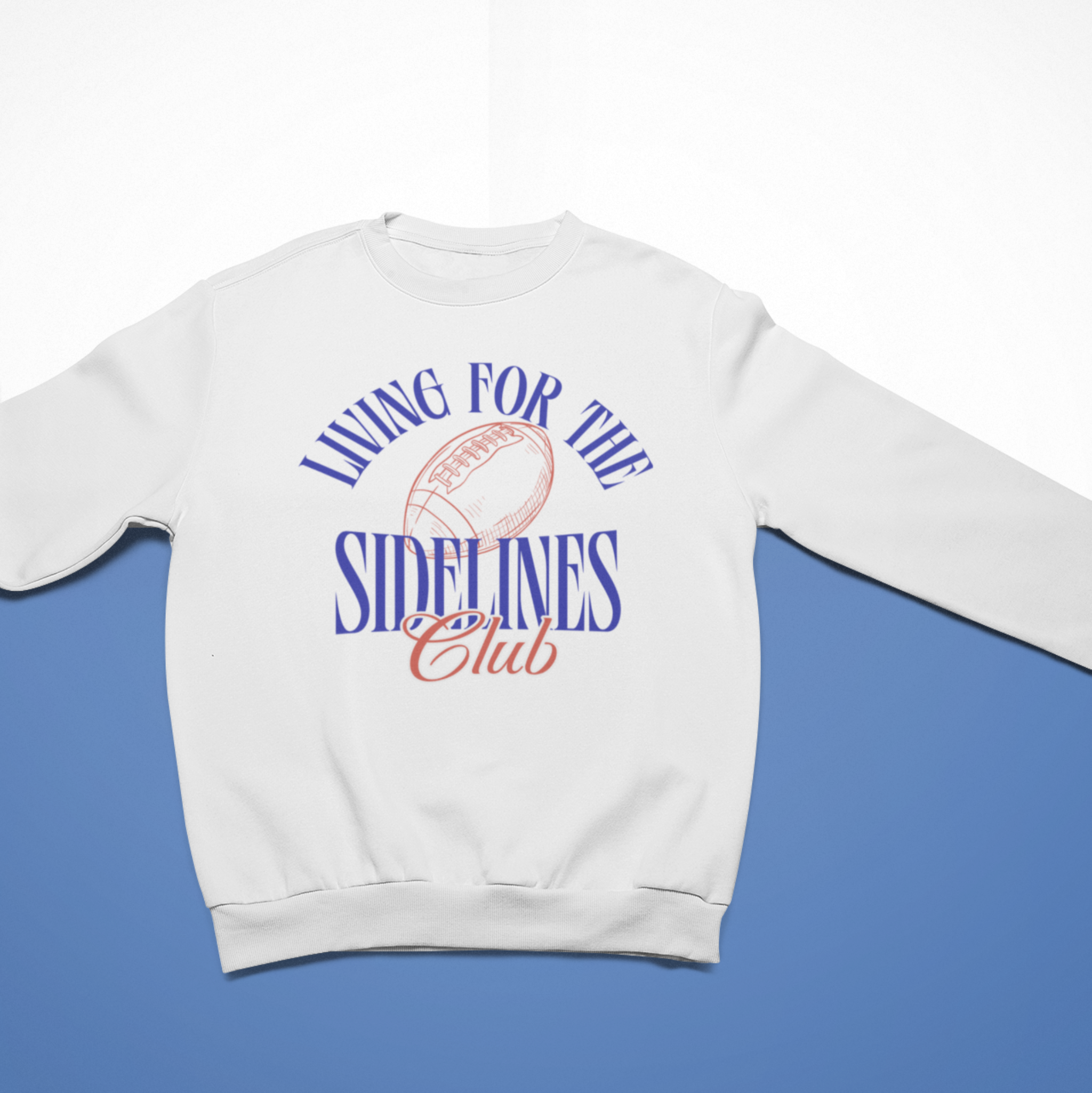 White cozy sweatshirt with the text "Living for the Sidelines Club" featuring a sketched football graphic, perfect for football fans or sports supporters.