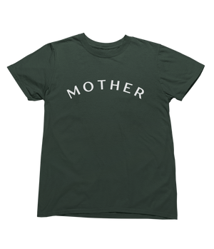 A dark green, short-sleeved, chic and minimalist "Mother" Short Sleeve T-Shirt with the word "MOTHER" printed in large, white capital letters across the chest. The text is displayed in a slight arc. The shirt has a crew neckline and appears to be made from a soft fabric. The background is solid black.