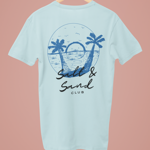 This light blue custom tee shirt features a unique blue 'Salt & Sand Club' design on the back, perfect for beachwear enthusiasts looking for stylish and personalized summer fashion.