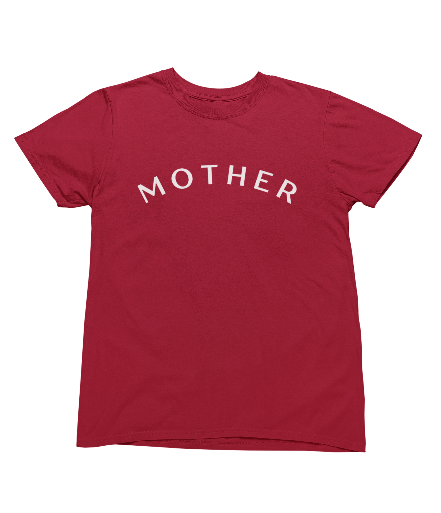 A chic and minimalist red crew-neck t-shirt is displayed against a white background. The "Mother" Short Sleeve T-Shirt has the word "MOTHER" printed in large white uppercase letters across the chest in a curved alignment. The short-sleeved shirt is made of soft fabric.