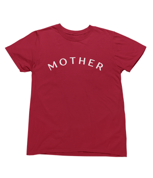 A chic and minimalist red crew-neck t-shirt is displayed against a white background. The "Mother" Short Sleeve T-Shirt has the word "MOTHER" printed in large white uppercase letters across the chest in a curved alignment. The short-sleeved shirt is made of soft fabric.