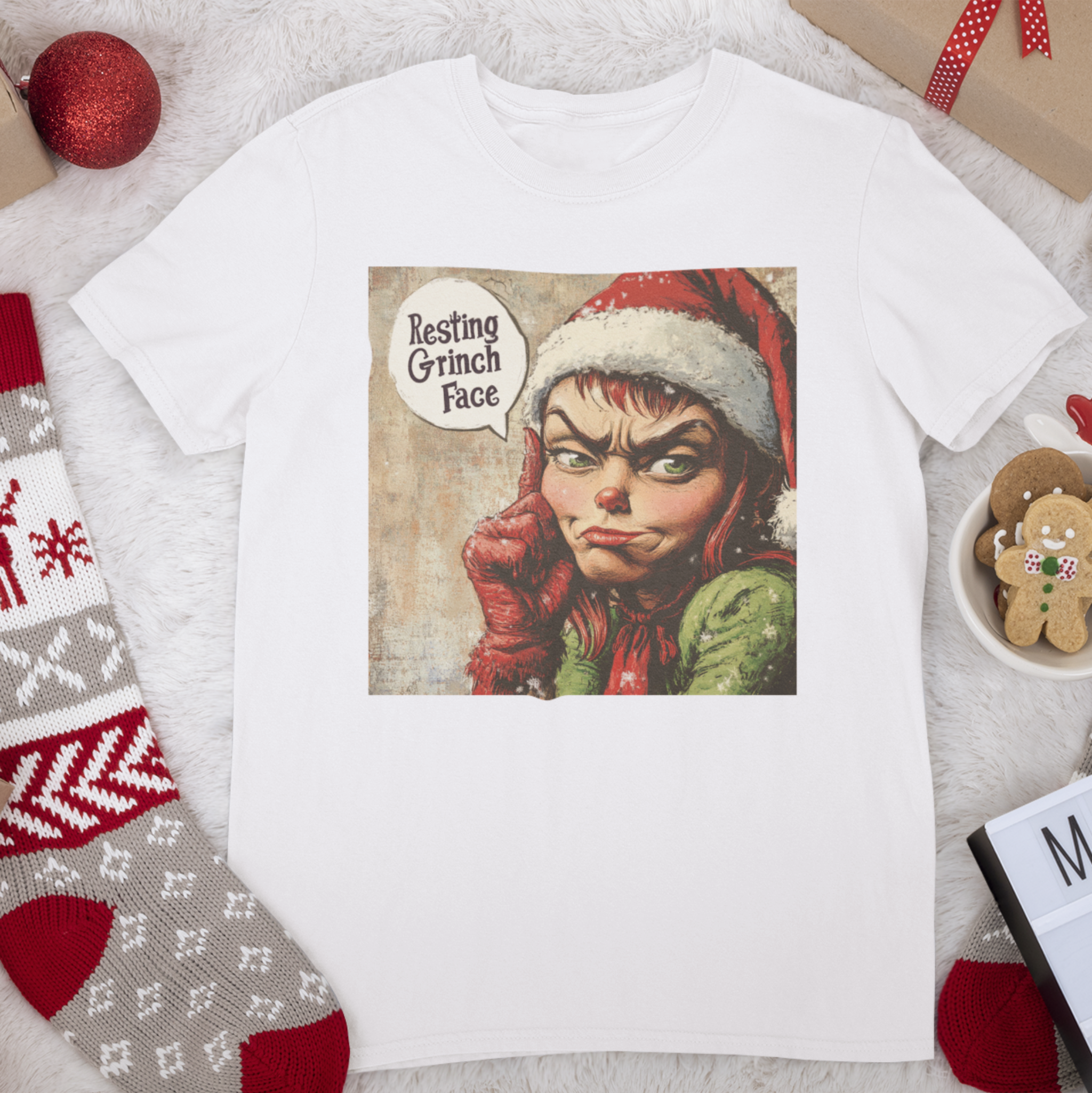 Christmas Themed Festive t-shirt with a 'Resting Grinch Face' graphic, perfect for adding humor and sass to your holiday wardrobe