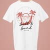 White custom tee shirt features a unique coral 'Salt & Sand Club' design on the back, perfect for beachwear enthusiasts looking for stylish and personalized summer fashion.