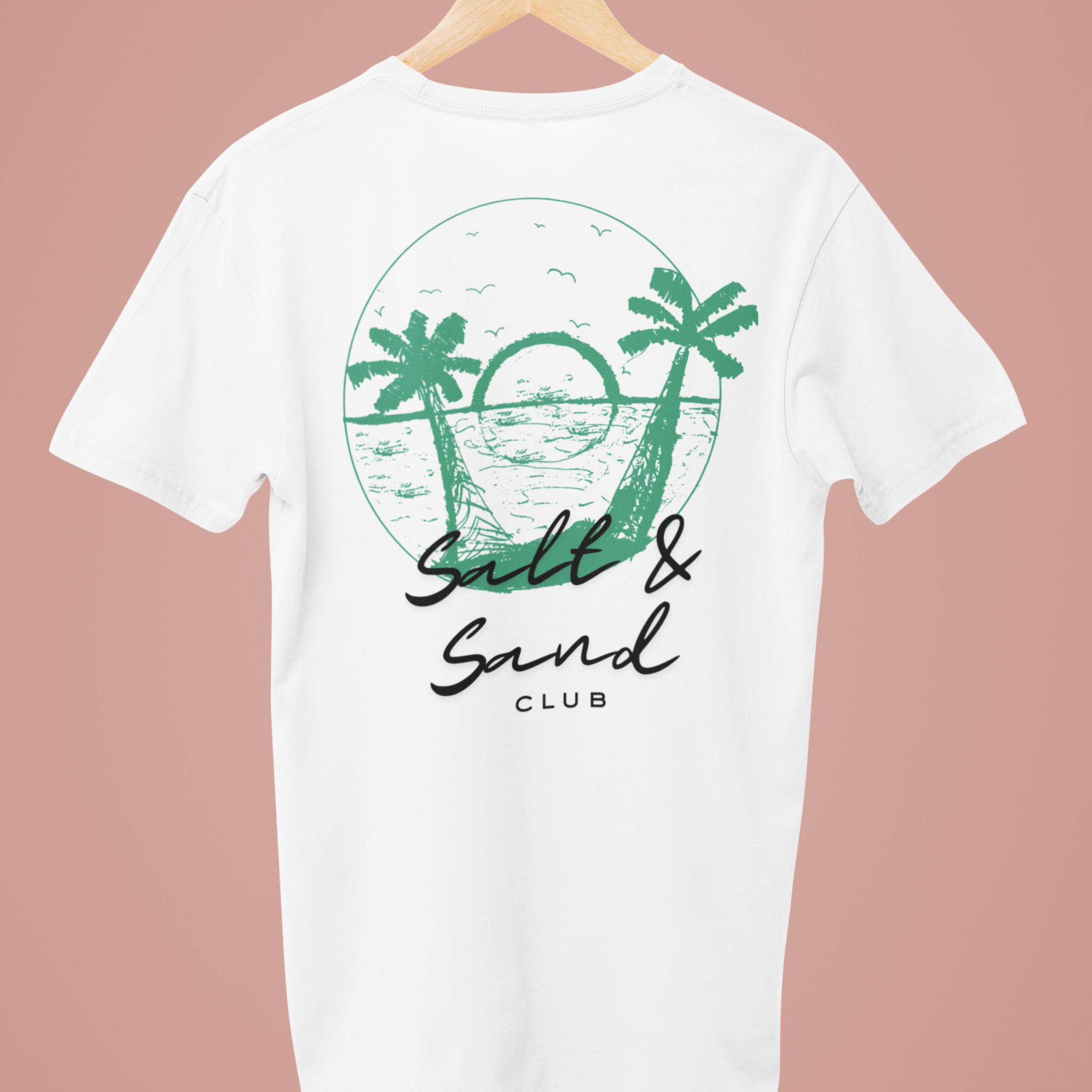 White custom tee shirt features a unique green 'Salt & Sand Club' design on the back, perfect for beachwear enthusiasts looking for stylish and personalized summer fashion.