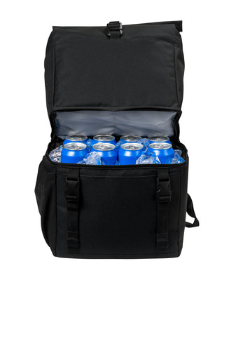 Black cooler backpack showcasing custom branding with a filled compartment, ideal for corporate and promotional branded merchandise