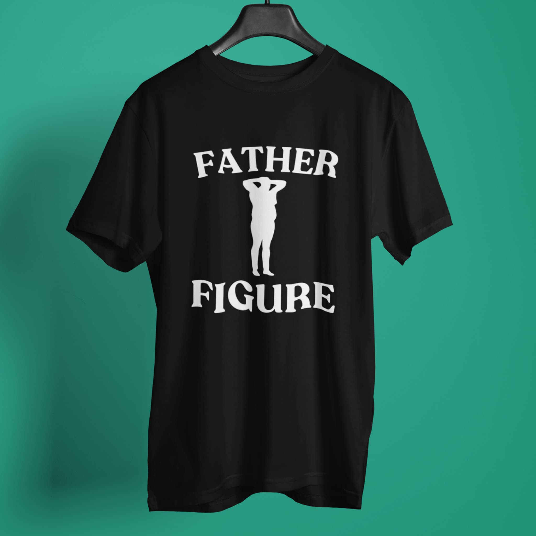 A black shirt with the phrase 'Father Figure,' making it a funny and custom Father's Day gift for dads. Perfect for those looking for unique and humorous dad shirts.