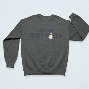 Dark gray cozy sweatshirt with the playful Halloween-themed text "Let's Get Sheet Faced" and a small ghost illustration, ideal for festive or casual wear.