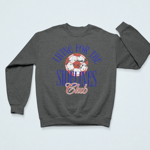 Dark Gray cozy sweatshirt with the text "Living for the Sidelines Club" featuring a worn soccer ball graphic, perfect for soccer fans or sports supporters.